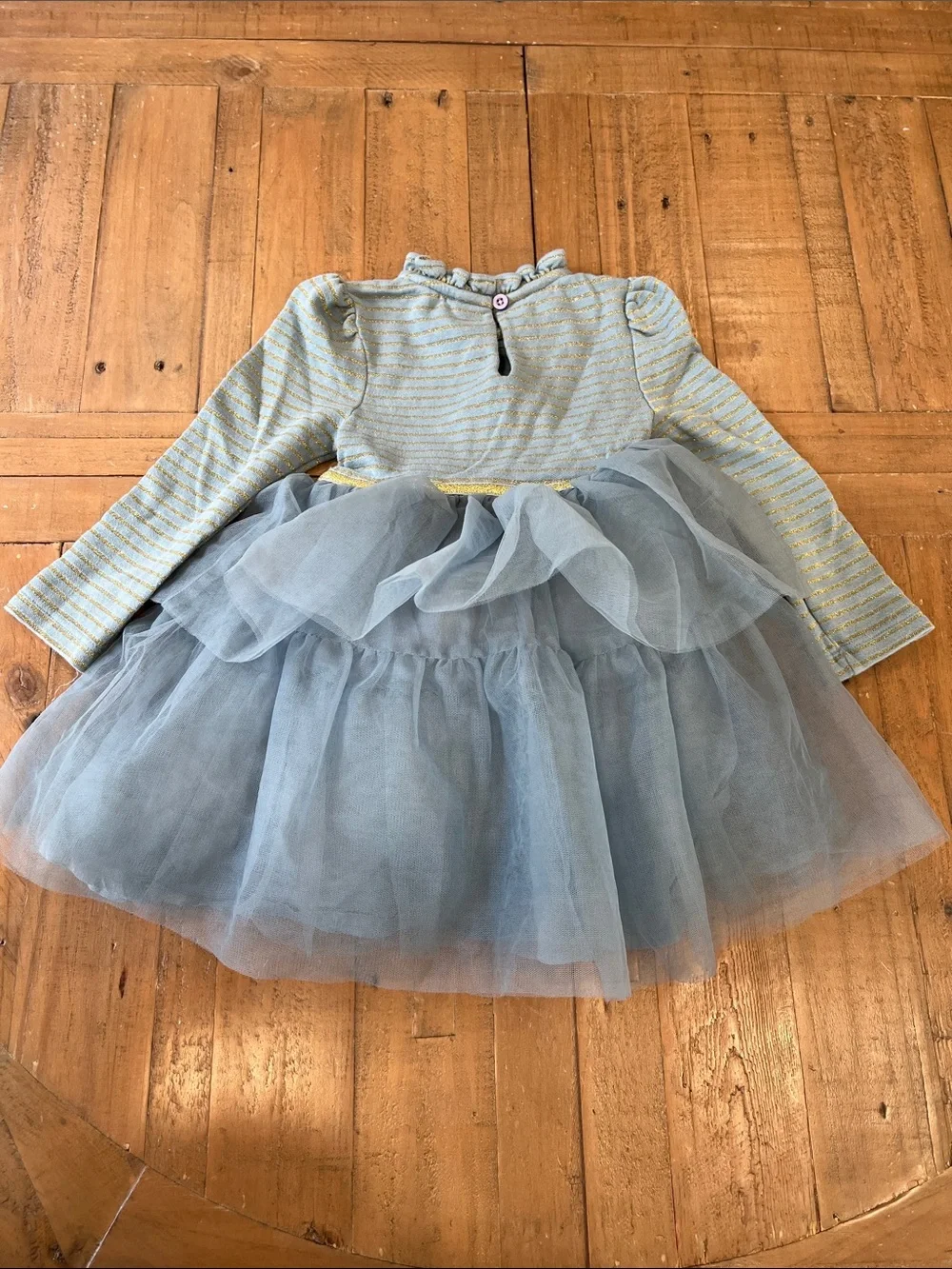 Mini Boden Dusty blue long sleeve tulle dress with gold stripes 3-4 years